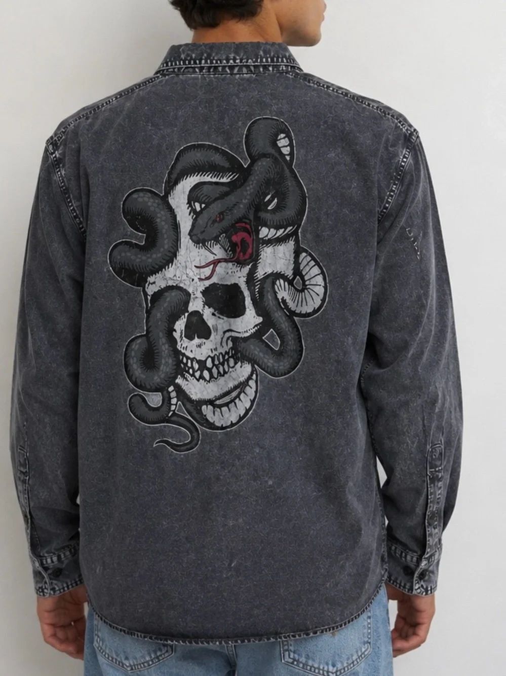 Harley-Davidson Black White Stone Wash Serpent Skull Long Sleeve Button Up Shirt
